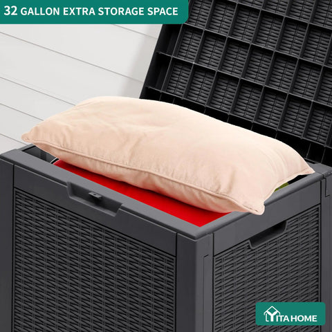 Open 32 Gallon Outdoor Storage Box With Lockable Lid And Side Handles, Waterproof Resin Rattan Deck Box showing cushion storage.