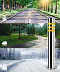 Rock Solid 32 Inch Stainless Steel Security Bollard 2 Pack standing near open road under various weather conditions.