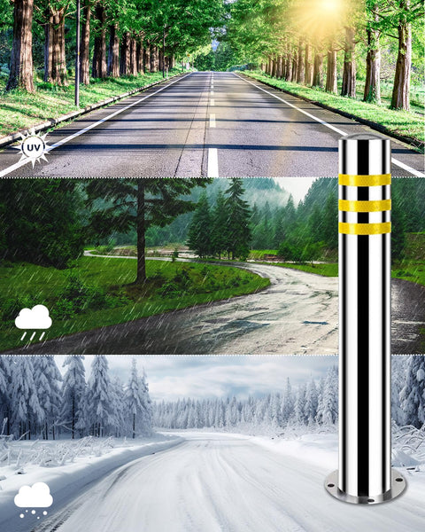 Rock Solid 32 Inch Stainless Steel Security Bollard 2 Pack standing near open road under various weather conditions.