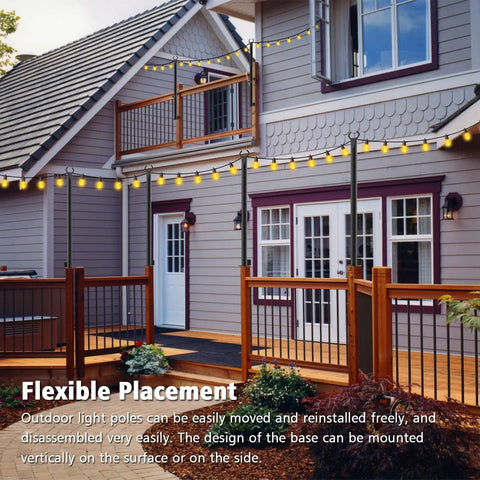 4 Ft Outdoor String Light Poles, 2 Pack, on deck with string lights, showcasing flexibility with house and patio in background