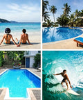 Collage of people by the beach, tropical pool, backyard pool, and surfing, ideal settings for 2 In 1 Water Scooter And Surfboard For Pool Lake Ocean With 6000W Propulsion Two Speed Modes Five Meter Dive Depth Super Easy Control Swim Board For Adults Now.