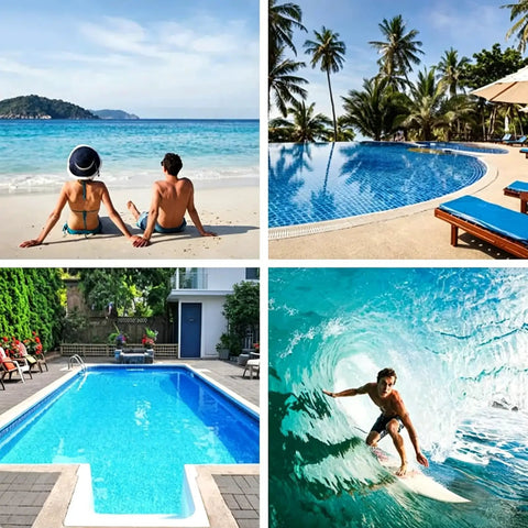 Collage of people by the beach, tropical pool, backyard pool, and surfing, ideal settings for 2 In 1 Water Scooter And Surfboard For Pool Lake Ocean With 6000W Propulsion Two Speed Modes Five Meter Dive Depth Super Easy Control Swim Board For Adults Now.