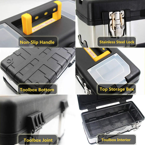 Collage of Heavy Duty 16.5 Inch Tool Box With Lockable Design, featuring handle, stainless steel lock, bottom detail, and interior compartments.