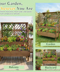 Two Tier Raised Garden Bed With Lattice Trellis For Outdoor Flowers And Veggies, 47.2 Inch Tall Wood Plant Stand With Dual Planting Areas, Metal Reinforced, Liner, Elevated Beds For Climbing Plants And Herbs, Brown, displayed in balcony and backyard settings.