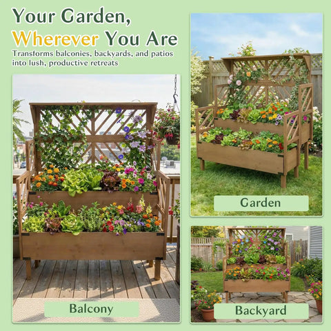 Two Tier Raised Garden Bed With Lattice Trellis For Outdoor Flowers And Veggies, 47.2 Inch Tall Wood Plant Stand With Dual Planting Areas, Metal Reinforced, Liner, Elevated Beds For Climbing Plants And Herbs, Brown, displayed in balcony and backyard settings.
