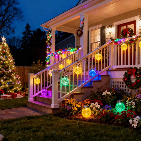 Outdoor Solar Lanterns 2 Pack IP65 Waterproof Hanging Lights With Warm Amber and RGB Glow Crackle Glass Ball Globes on porch railing.