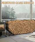Beefy 5.9ft Firewood Rack Holder For Indoor Outdoor Use Heavy Duty Steel Wood Storage Stand near modern stove indoors