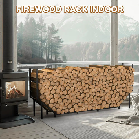 Beefy 5.9ft Firewood Rack Holder For Indoor Outdoor Use Heavy Duty Steel Wood Storage Stand near modern stove indoors