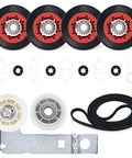 High Grade Dryer Repair Kit Featuring Smooth Idler Pulley Replacement And Tough Four Rib Drum Belt For 27 And 29 Inch Machines, includes wheels, pulley, belt.