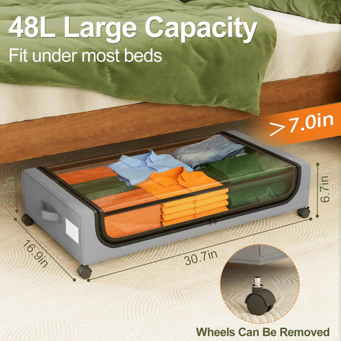 Under Bed Storage With Wheels 2 Pack 48L Lidded Rolling Bins For Shoes And Clothes Grey Narrow Metal Drawers Easy Pull Out Design Fits Dorm Rooms And Closets Space Saving 30.7 X 16.9 X 6.69 Inches shown under a bed with folded clothes visible inside.