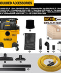 5 Gallon Wet And Dry Shop Vacuum With StealthSonic Quiet Motor 4 HP shown with included accessories and dust bags