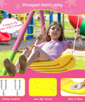 Child enjoying Heavy Duty Backyard Swing Set With Stand For Indoor Outdoor Fun 440 Lb Capacity Metal Frame Includes 32 Inch Saucer Swing And 26.2 Inch Belt Seat Double Swing Fun For Kids And Adults Pink Playset