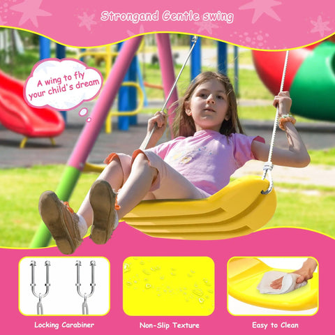 Child enjoying Heavy Duty Backyard Swing Set With Stand For Indoor Outdoor Fun 440 Lb Capacity Metal Frame Includes 32 Inch Saucer Swing And 26.2 Inch Belt Seat Double Swing Fun For Kids And Adults Pink Playset