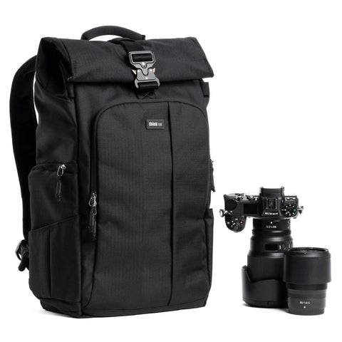 Roll Top 30L Camera Backpack With Laptop Sleeve And Rain Cover Asphalt Black Expands For Travel And Photo Gear Quick Side And Back Access Versatile