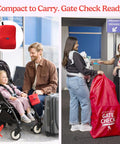 Parent with child and suitcase, red Gate Check Stroller Bag For Single And Some Double Strollers at airline counter.