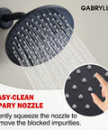 All-In-One Matte Black Tub And Shower Kit With 8-Inch Rain Shower Head spraying water, close-up of easy-clean nozzle design