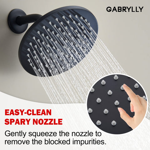 All-In-One Matte Black Tub And Shower Kit With 8-Inch Rain Shower Head spraying water, close-up of easy-clean nozzle design