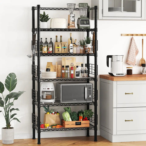 Beefy Five Tier Metal Storage Rack With Adjustable Shelves, 400Lb Total Load, Narrow 21.2W X 9.4D X 59.2H Steel Shelving, Black, in kitchen