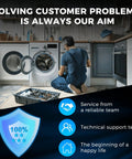 Technician inspecting dryer in modern laundry room with support icons and text "Solving customer problems is always our aim"