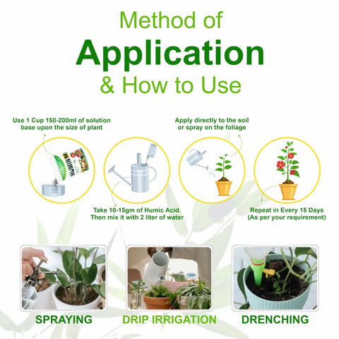 Humic Acid 98 For Plants, Organic Plant Food And Growth Booster, Boost Your Plant Game, Nutrient Uptake, Root Health, Germination, Drought Tolerance, Microbial Activity, 450 Grams application guide
