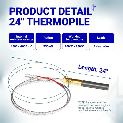 Thermopile, 24-inch aluminum pilot burner assembly with two leads for gas appliances
