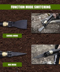 Multi Tool Pickaxe Hoe Shovel for Digging and Camping Detachable Tactical Survival Shovel showing switch to shovel and hoe modes