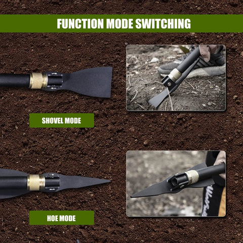Multi Tool Pickaxe Hoe Shovel for Digging and Camping Detachable Tactical Survival Shovel showing switch to shovel and hoe modes