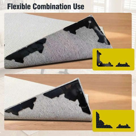 Extra Thick Non Slip Rug Pads 16 Pcs With Reusable Double Sided Carpet Tape For Hardwood Floors And Tiles showing flexible use