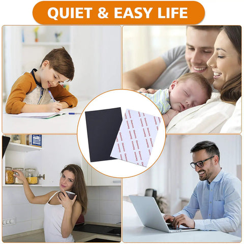 No Slip Furniture Pads 4x6 Inch Black Rubber Pads 2 Pack with self adhesive shown in lifestyle settings for quiet operation.