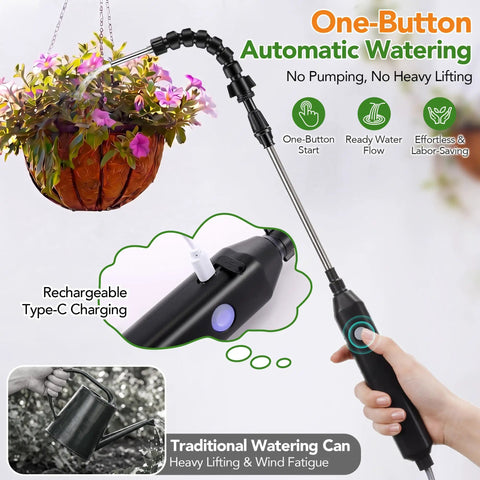 Cordless Rechargeable High Reach Plant Waterer With Telescoping Wand Extends From 25.6 To 35.4 Inches 6.56ft Hose Dual Nozzles 2000mAh Battery No Ladder Needed Easy Hanging Watering For Indoor And Outdoor Gardens being used for watering hanging basket