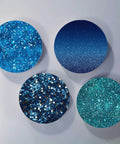 Four round blue glitter sheets for Blue Glitter Sublimation Transfer Sheets For Tumblers And Tees 12x12 Inches 10 Pack for heat press.