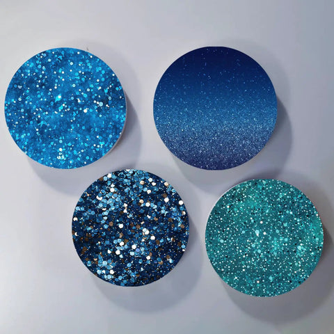 Four round blue glitter sheets for Blue Glitter Sublimation Transfer Sheets For Tumblers And Tees 12x12 Inches 10 Pack for heat press.