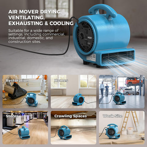 Collage of a blue 1000 CFM air mover fan for drying ventilation exhaust and cooling with 3 speeds 5 adjustable angles 10ft cord