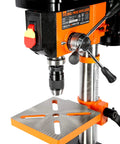 Knockout 10 Inch Benchtop Drill Press With 5 Variable Speeds Up To 3100 Rpm, 3.2 Amp Motor, Built In Laser Guide close-up image.