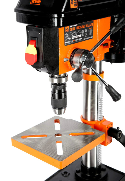 Knockout 10 Inch Benchtop Drill Press With 5 Variable Speeds Up To 3100 Rpm, 3.2 Amp Motor, Built In Laser Guide close-up image.