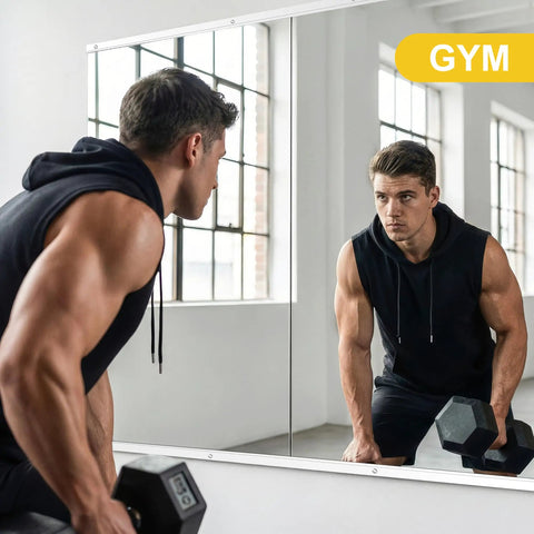 Man using Two Pack 48 By 28 Inch Home Gym Wall Mirrors Frameless Tempered Glass Full Length HD Reflection No Distortion Large Body Mirror