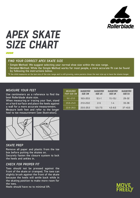Apex skate size chart with measurement guide and tips for selecting the correct fit for inline skates.
