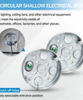 Four Round Shallow Electrical Boxes For Ceiling Fans And Wall Lighting Fixtures With Half Inch Depth And Half Inch Bottom Knockouts Durable Easy Install UL Listed Ideal For Residential Wiring Two Pack displayed with knockouts