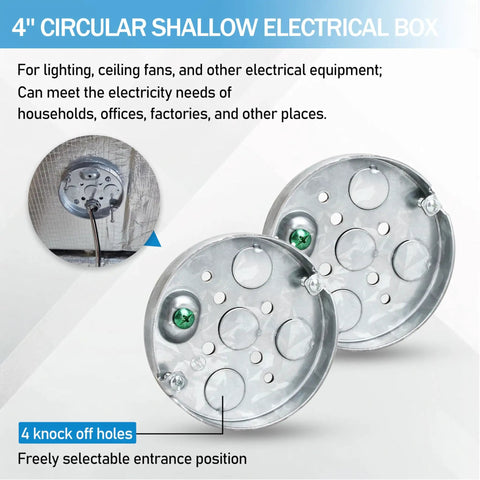 4 Inch Round Ceiling Pan Metal Electrical Box Pancake Box For Outlets Half Inch Deep With Half Inch Bottom Knockouts, Perfect For Lighting Fixtures, Ceiling Fans, Lamps, And Other Installations, Residential Or Commercial Use, 2 Pack displayed with 4 knockouts.