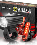 Packaging of Ultra Bright Front And Rear USB Rechargeable Bike Light Set with visible headlight and taillight, 9 modes displayed.
