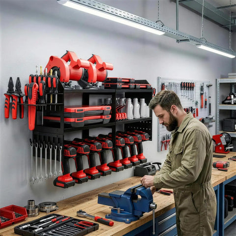 Power Tool Organizer Wall Mount With Pegboard Seven Drill Holders Heavy Duty Metal Garage Storage Rack for cordless tools
