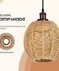Close-up of Three Pack Rattan Pendant Lampshades Set, showcasing woven basket style, easy install for cozy home decor.