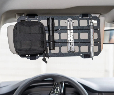 Rigid MOLLE Panel For Car Visor Organizer And EDC Pouch Holster with webbing slots mounted on sun visor, ABS matte panel visible.