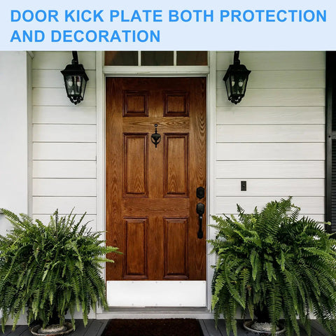 Heavy Duty Two Pack Aluminum Door Kick Plate Scuff Guard For Exterior Front Door Protection Six By Thirty Four Inches with white finish on wooden door.