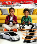 Kids playing with Cybertruck RC Toy Car For Kids 2 In 1 Vehicle With 2.4GHz Remote Lights Dual Batteries 360 Degree Rotation And Drift Easy One Button Switch Between Truck And Robot Kid Friendly Totally Ready Remote Control Car indoors.