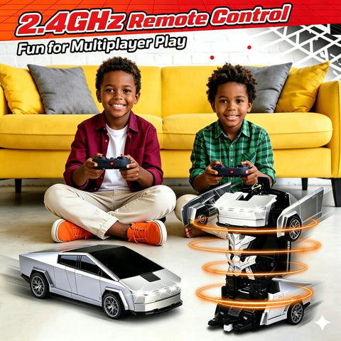 Kids playing with Cybertruck RC Toy Car For Kids 2 In 1 Vehicle With 2.4GHz Remote Lights Dual Batteries 360 Degree Rotation And Drift Easy One Button Switch Between Truck And Robot Kid Friendly Totally Ready Remote Control Car indoors.