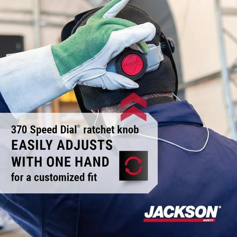 Person adjusting red ratchet knob on welding helmet, showcasing customizable fit feature. Featherweight Auto Darkening Welding Helmet With HLX Shell Design For Clear View And All Day Comfort ANSI Z87.1 And CSA Z94.3 Certified Weighing Just 6 Ounces.
