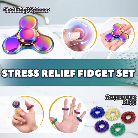 8 Piece Fidget Toy Set For Adults And Teens, Anxiety Stress Relief Spinner, Spiky Sensory Rings, desk toy layout