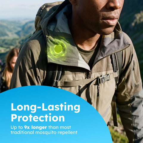 Man wearing Squito Stickers Mosquito Repellent Patches 78 Patch Pack outdoors, hiking with illuminated patch on jacket.