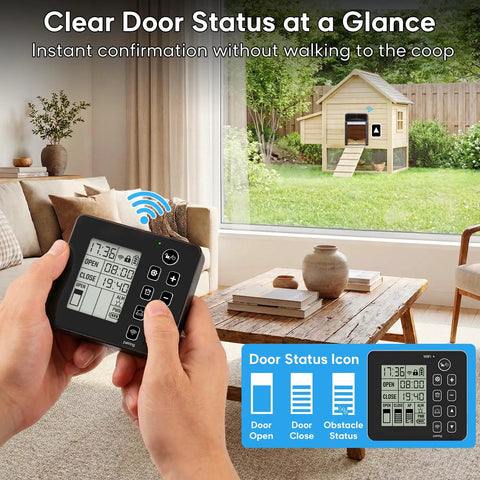 Hand holding remote display of Solar Powered Roll-Up Chicken Coop Door with 400-Foot Wireless Monitoring feature.